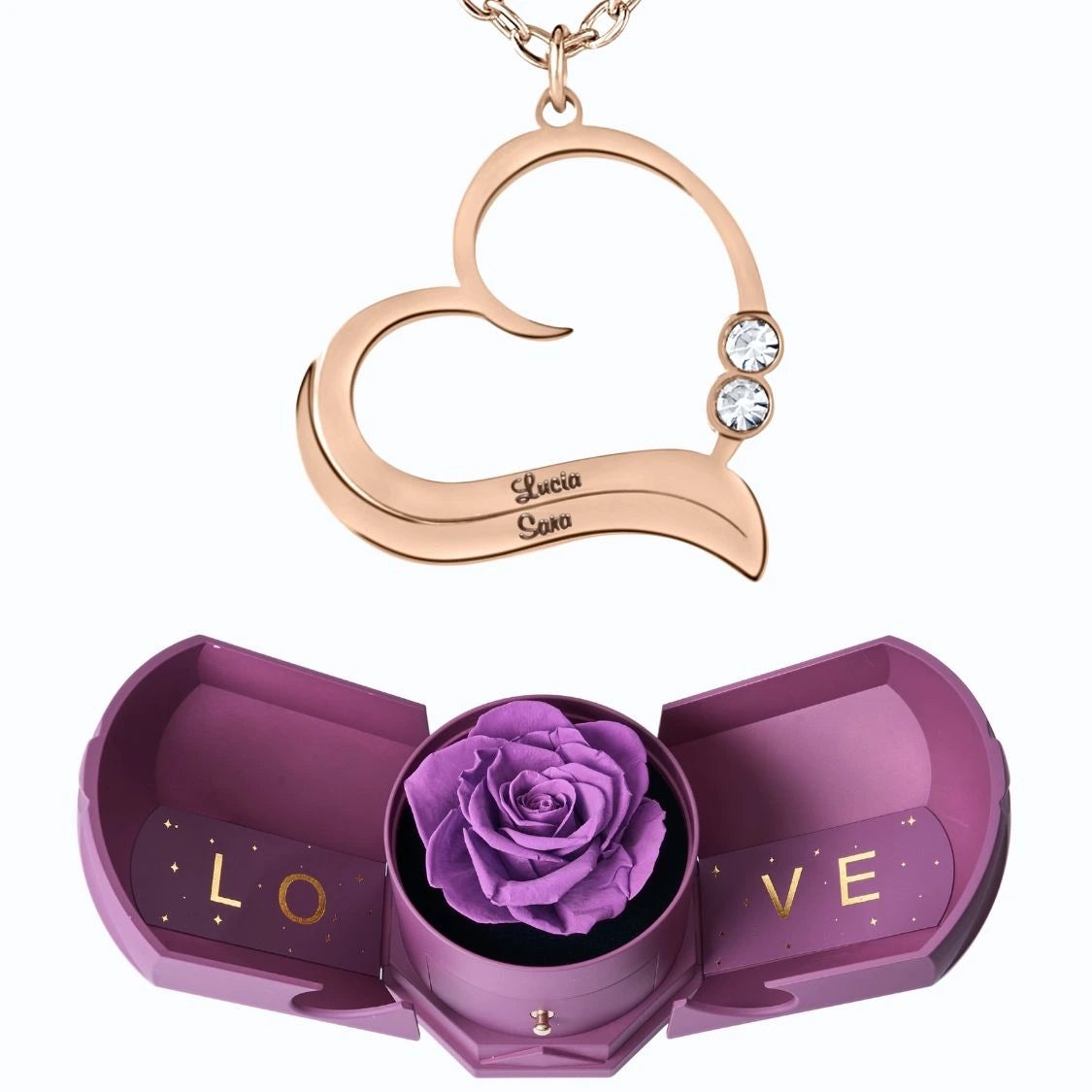 Coffret Harmonie Éternelle & Collier Cœur Ouvert avec Prénoms Gravés et Cristaux Scintillants