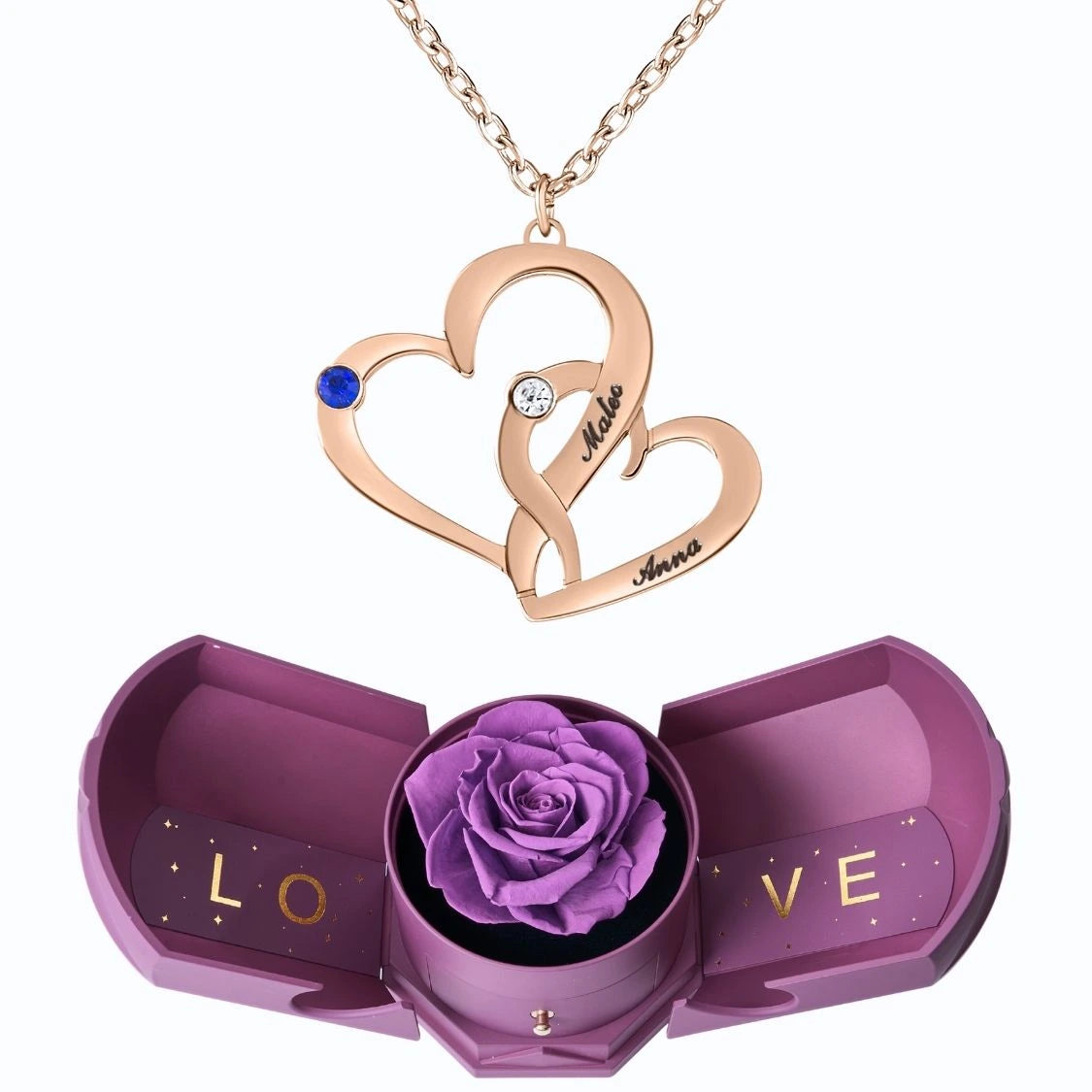 Coffret Harmonie Éternelle & Collier Cœur Entrelacé avec Prénoms Gravés et Pierres de Naissance