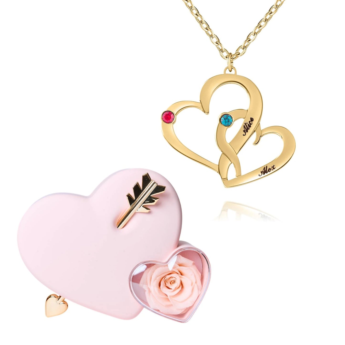 Coffret Amour Éternel & Collier Cœurs Entrelacés avec Pierres de Naissance et Prénoms Gravés