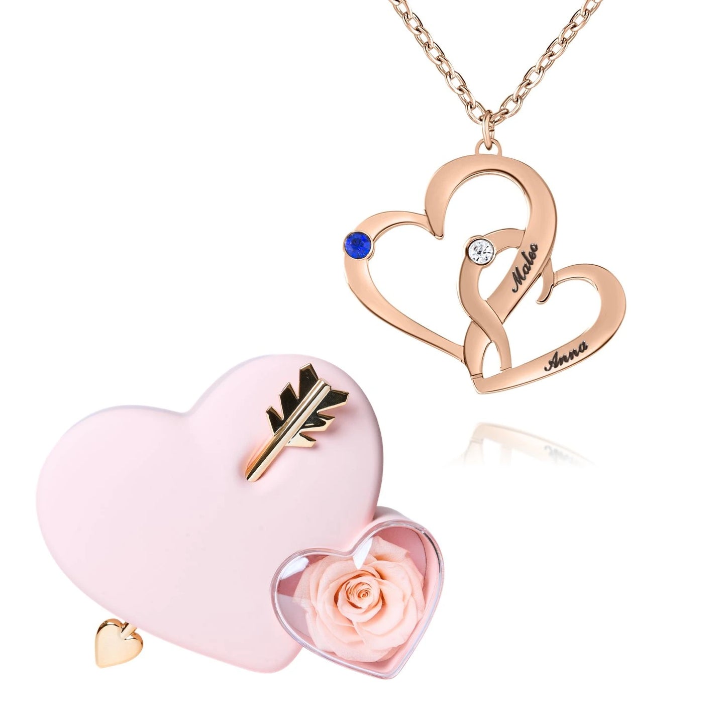Coffret Amour Éternel & Collier Cœurs Entrelacés avec Pierres de Naissance et Prénoms Gravés