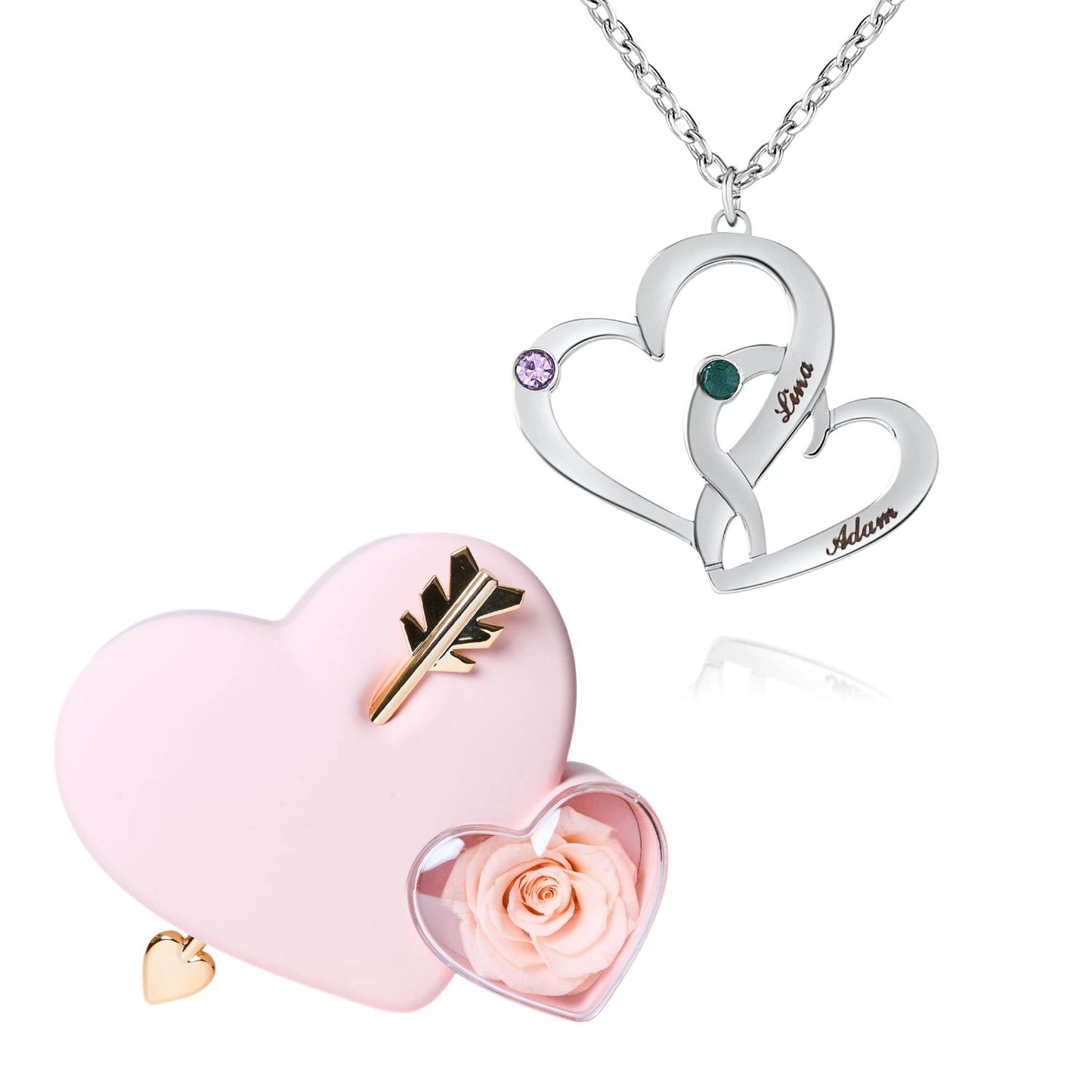 Coffret Amour Éternel & Collier Cœurs Entrelacés avec Pierres de Naissance et Prénoms Gravés