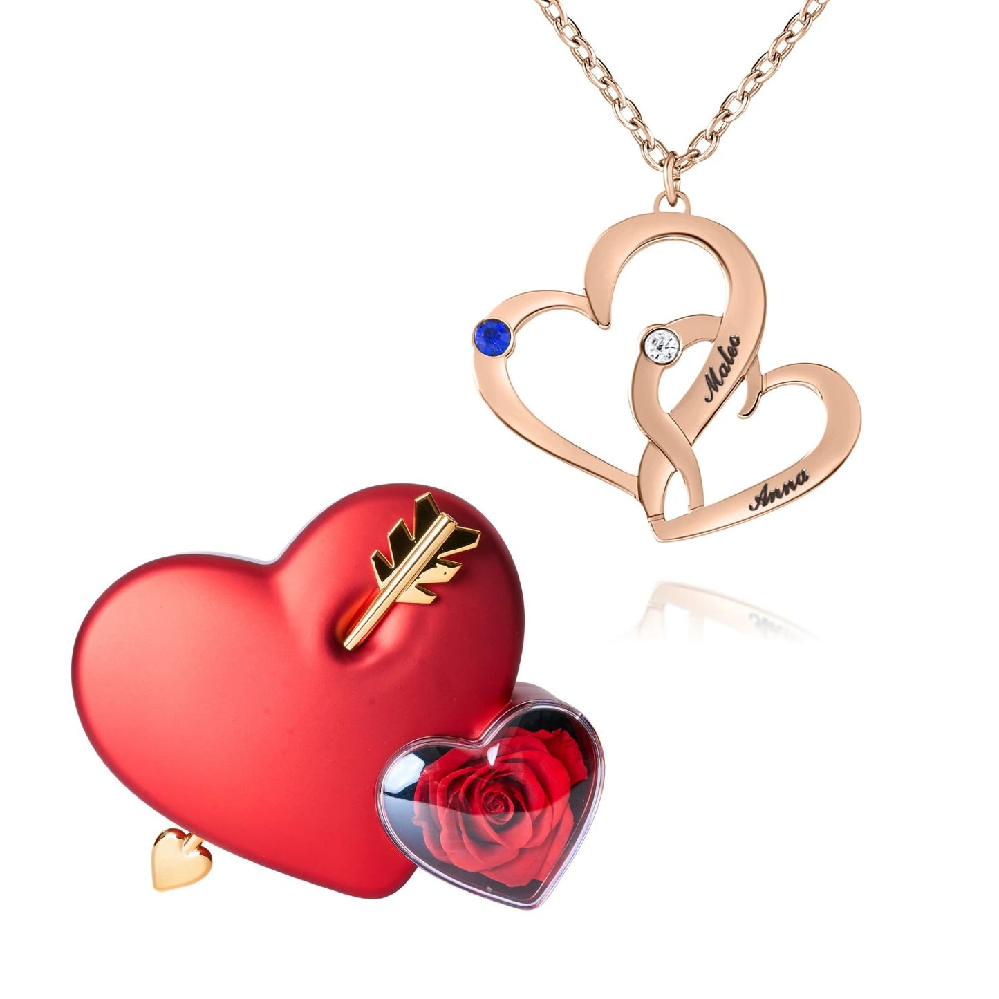 Coffret Amour Éternel & Collier Cœurs Entrelacés avec Pierres de Naissance et Prénoms Gravés