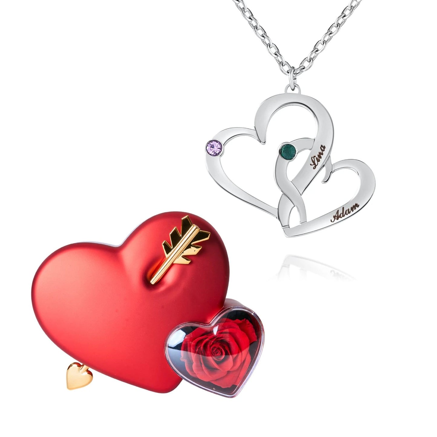 Coffret Amour Éternel & Collier Cœurs Entrelacés avec Pierres de Naissance et Prénoms Gravés