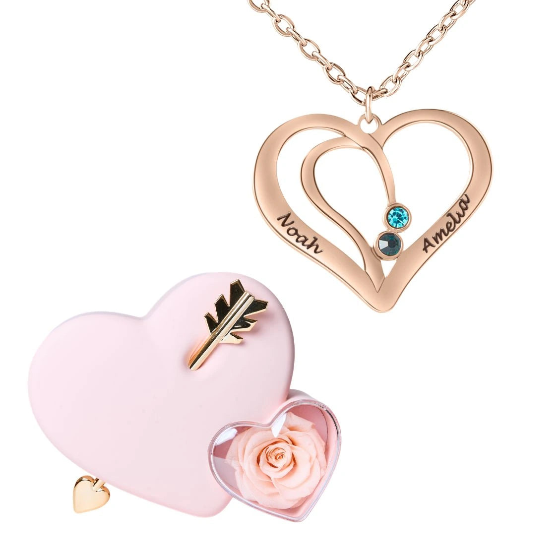 Coffret Amour Éternel & Collier Cœur Entrelacé avec Prénoms Gravés et Pierres de Naissance
