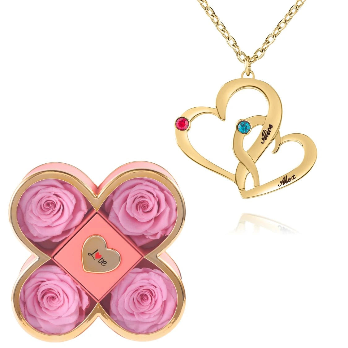 Coffret Chance Éternelle & Collier Cœurs Entrelacés avec Pierres de Naissance et Prénoms Gravés