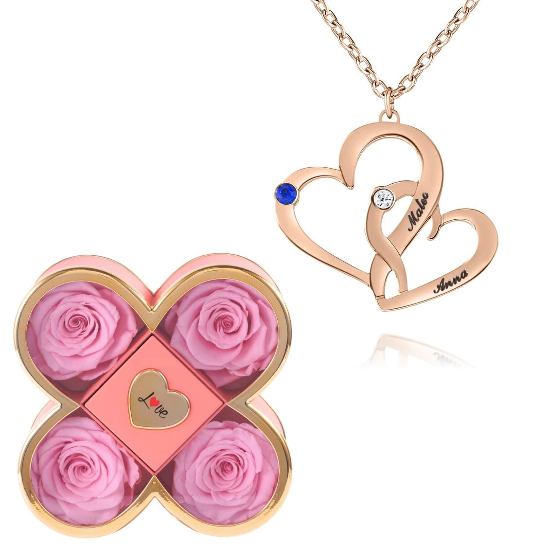 Coffret Chance Éternelle & Collier Cœurs Entrelacés avec Pierres de Naissance et Prénoms Gravés