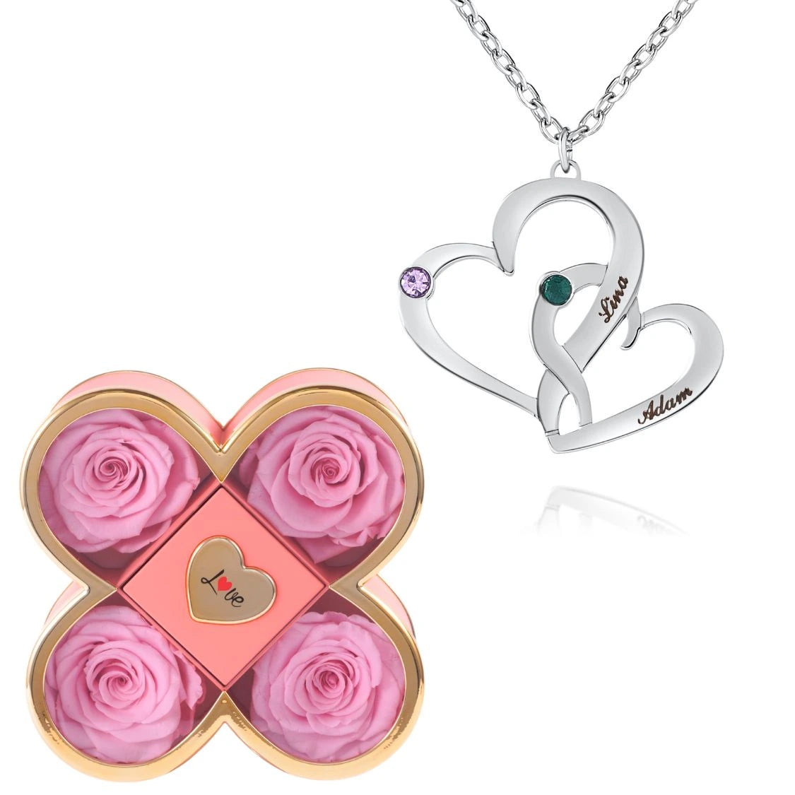 Coffret Chance Éternelle & Collier Cœurs Entrelacés avec Pierres de Naissance et Prénoms Gravés