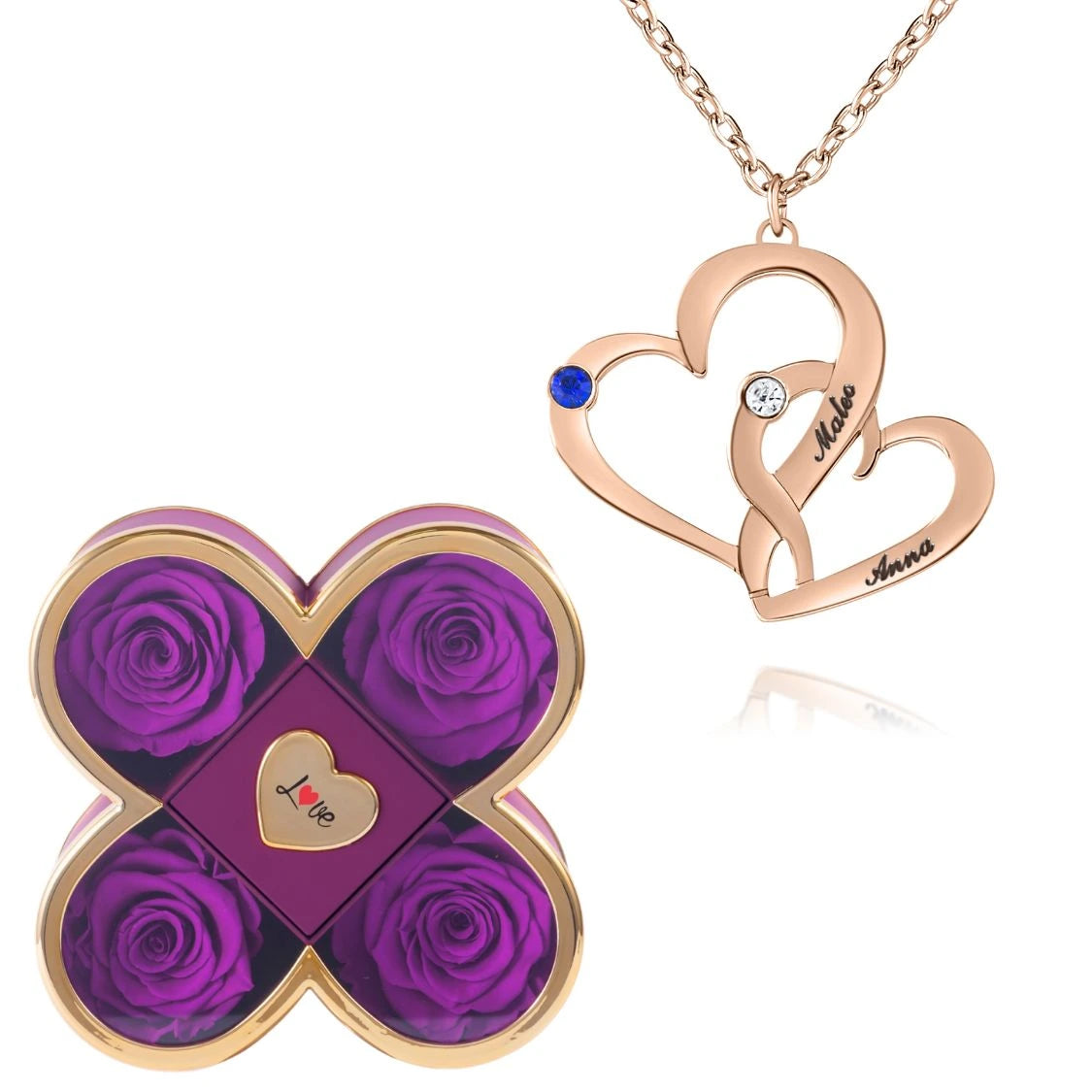 Coffret Chance Éternelle & Collier Cœurs Entrelacés avec Pierres de Naissance et Prénoms Gravés