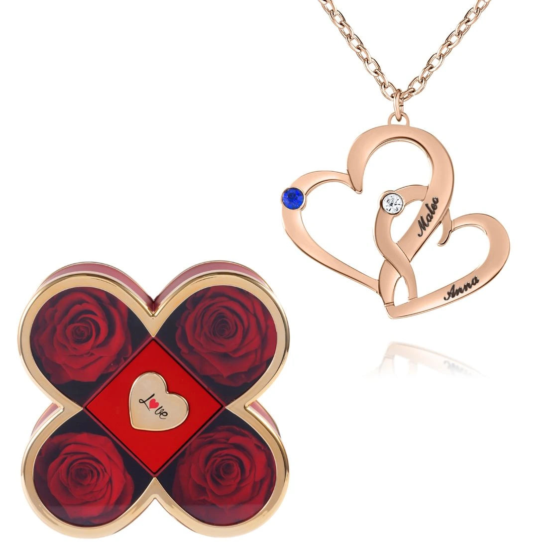 Coffret Chance Éternelle & Collier Cœurs Entrelacés avec Pierres de Naissance et Prénoms Gravés