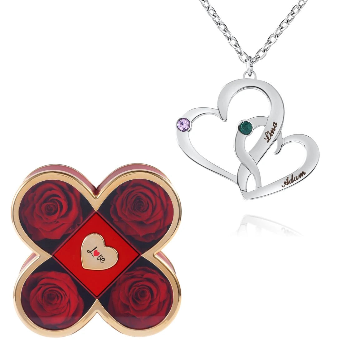 Coffret Chance Éternelle & Collier Cœurs Entrelacés avec Pierres de Naissance et Prénoms Gravés