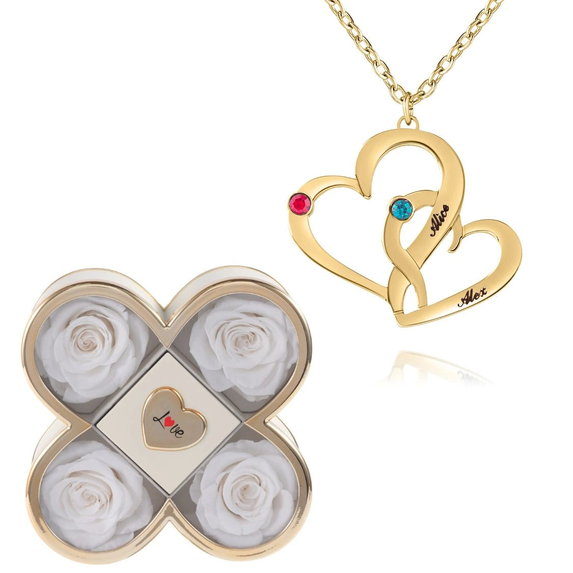 Coffret Chance Éternelle & Collier Cœurs Entrelacés avec Pierres de Naissance et Prénoms Gravés