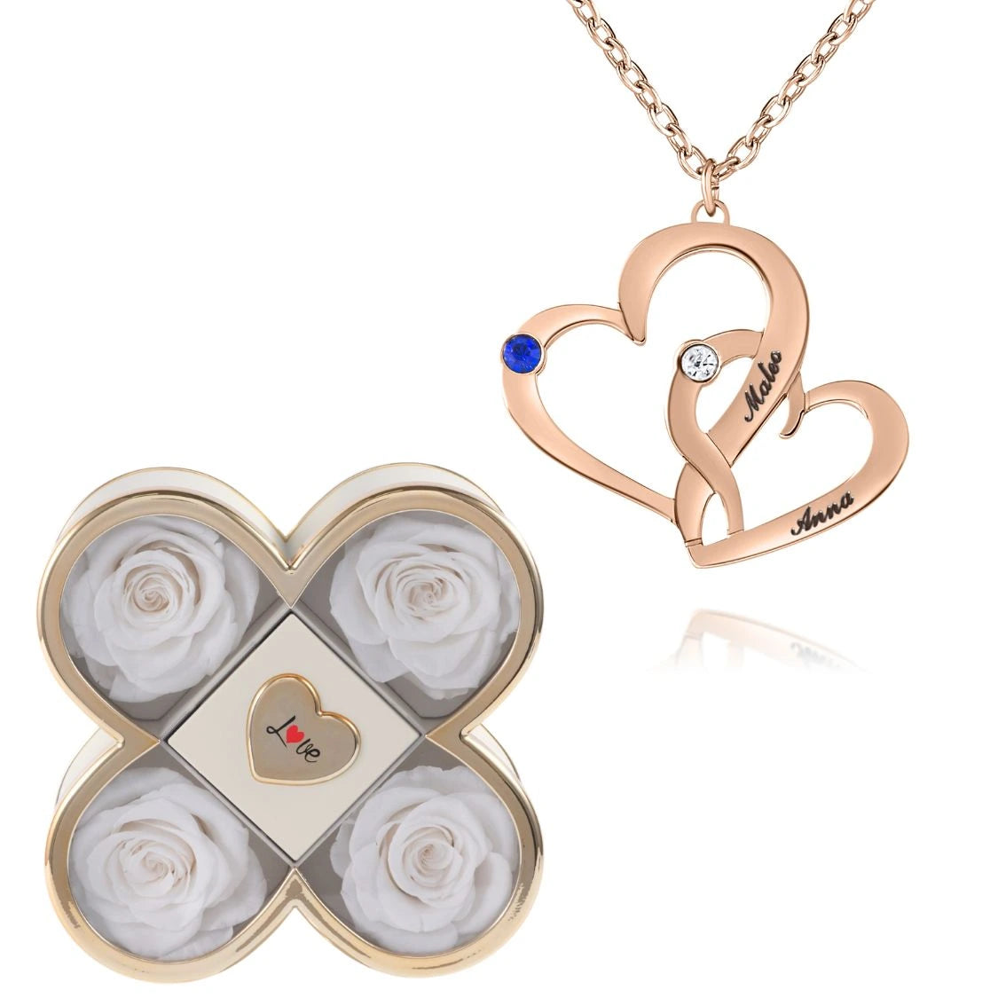 Coffret Chance Éternelle & Collier Cœurs Entrelacés avec Pierres de Naissance et Prénoms Gravés