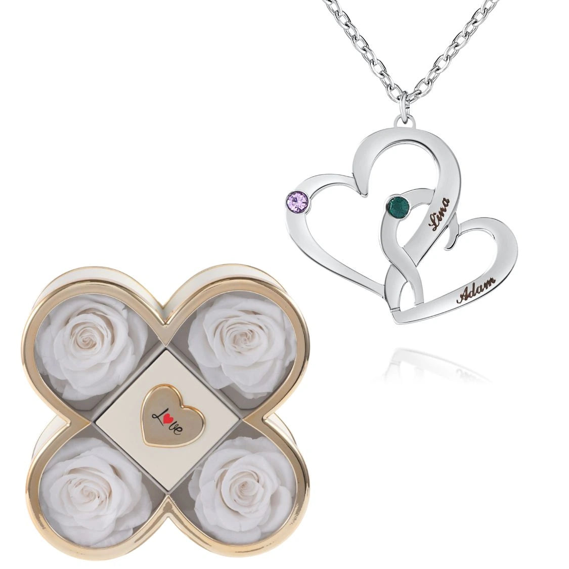 Coffret Chance Éternelle & Collier Cœurs Entrelacés avec Pierres de Naissance et Prénoms Gravés