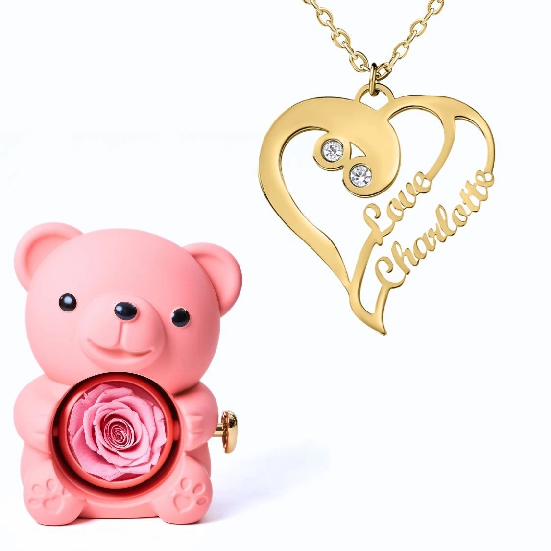 Ours Éternel & Collier Coeur Double Personnalisé