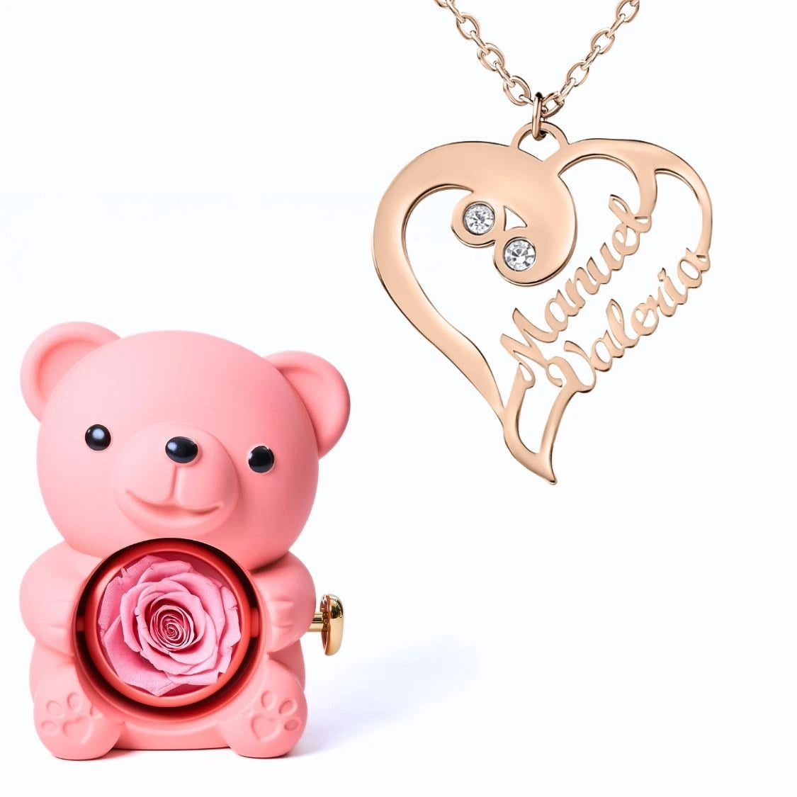 Ours Éternel & Collier Coeur Double Personnalisé