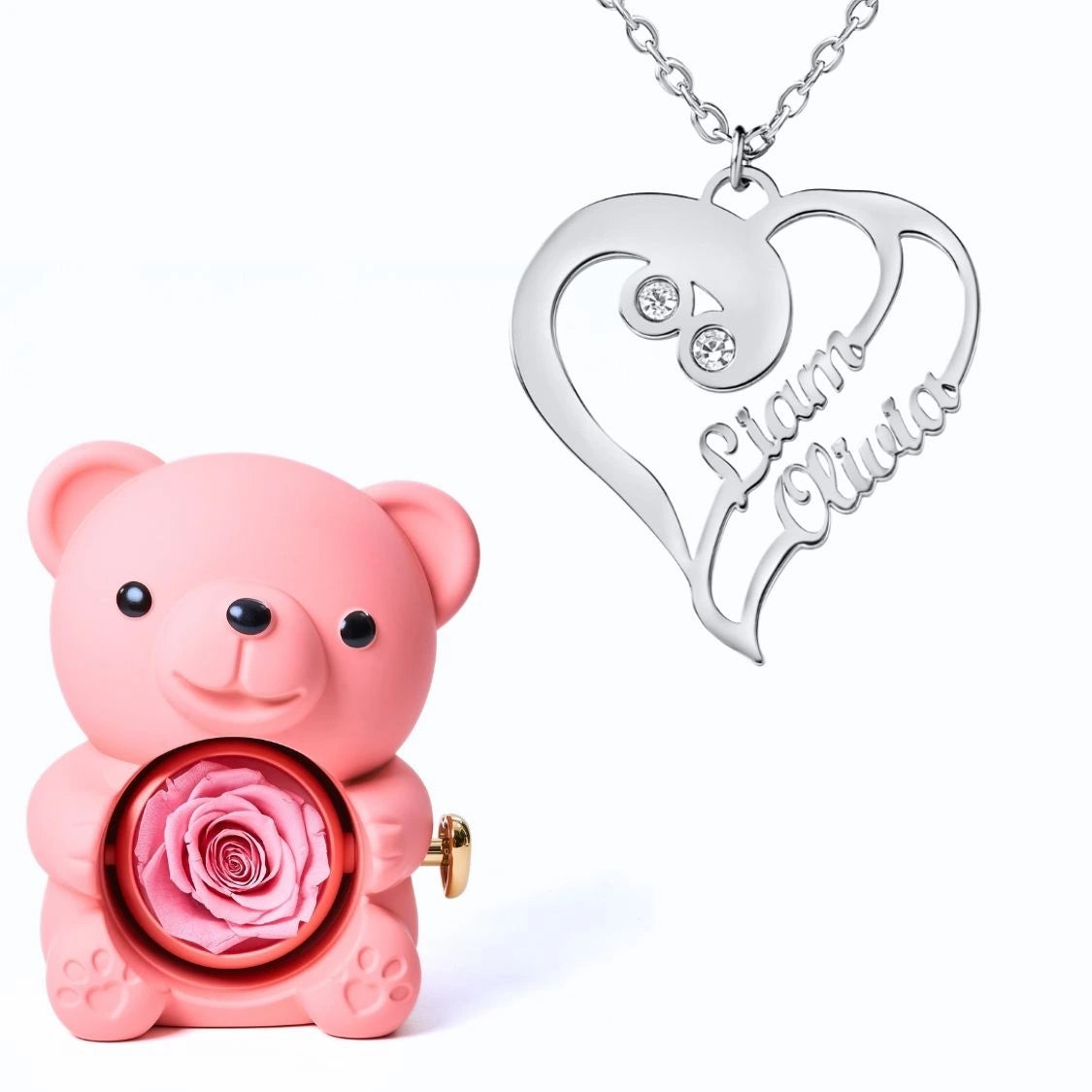 Ours Éternel & Collier Coeur Double Personnalisé