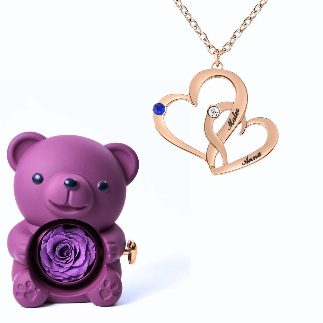 Ours Éternel & Collier Cœurs Entrelacés avec Pierres de Naissance et Prénoms Gravés