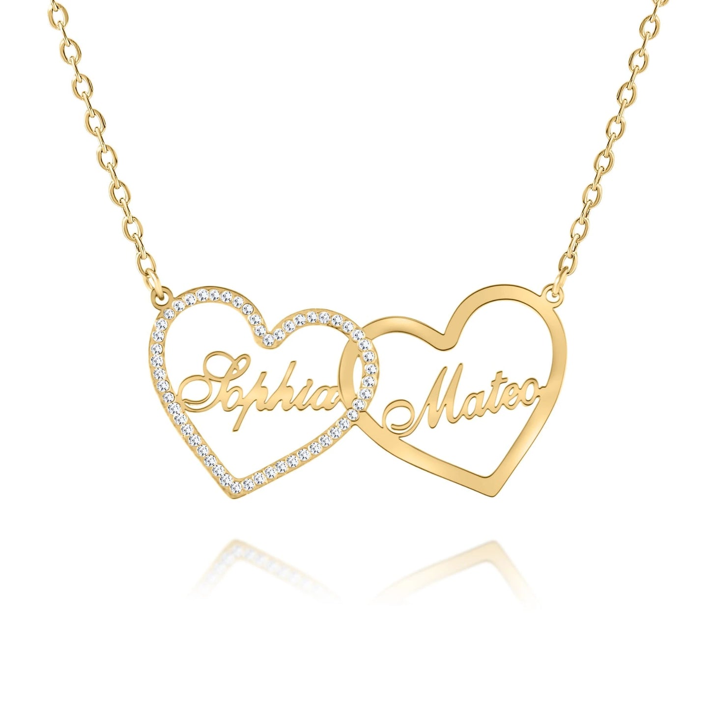 Personalized Double Heart 2-Name Necklace with Rhinestones