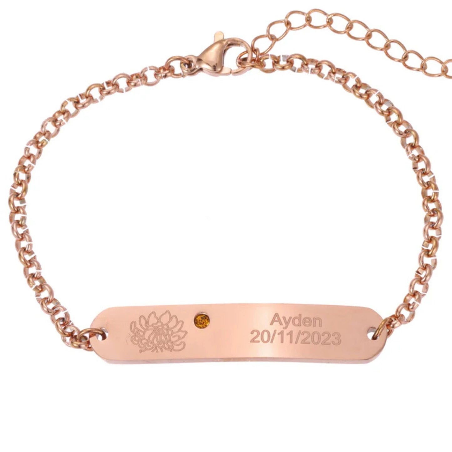 Personalized Engraved ID Bracelet with Flower & Birthstone