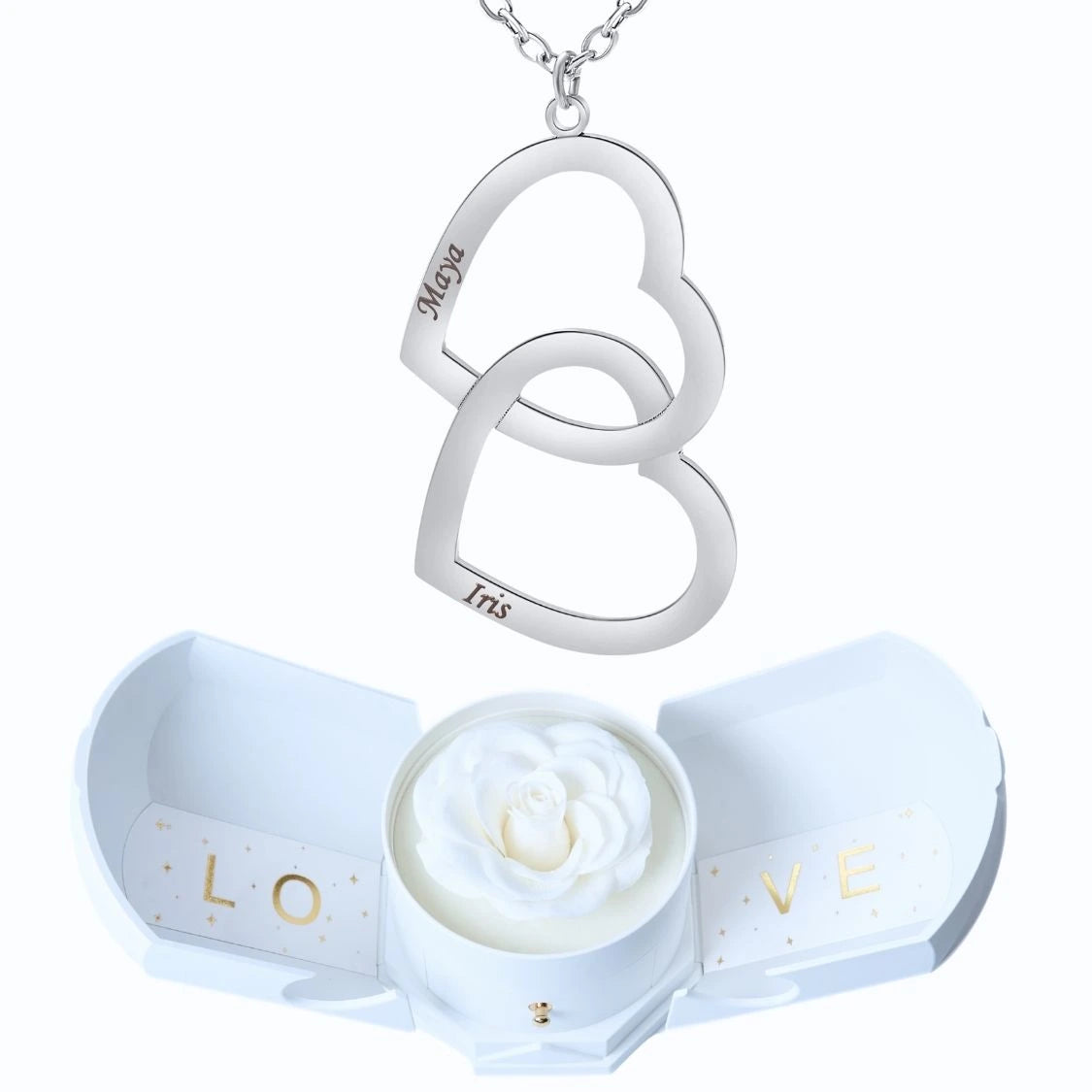 Coffret Harmonie Éternelle & Collier Double Coeur Personnalisé Deux Prénoms