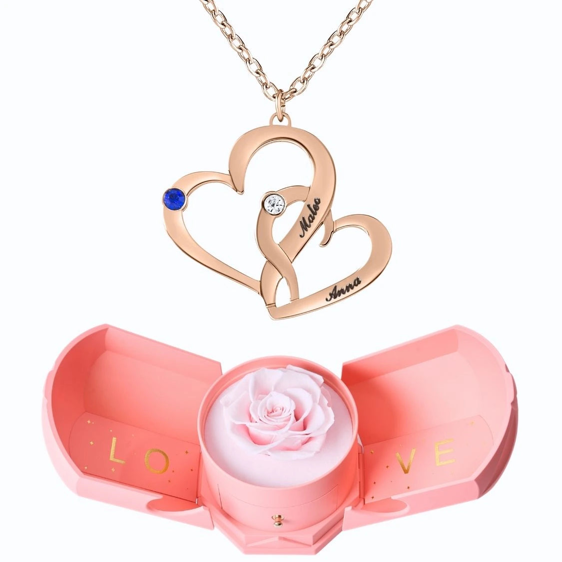 Coffret Harmonie Éternelle & Collier Cœurs Entrelacés avec Pierres de Naissance et Prénoms Gravés
