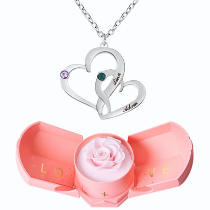Coffret Harmonie Éternelle & Collier Cœurs Entrelacés avec Pierres de Naissance et Prénoms Gravés