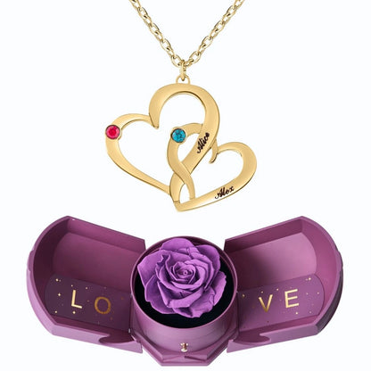 Coffret Harmonie Éternelle & Collier Cœurs Entrelacés avec Pierres de Naissance et Prénoms Gravés