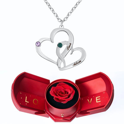 Coffret Harmonie Éternelle & Collier Cœurs Entrelacés avec Pierres de Naissance et Prénoms Gravés