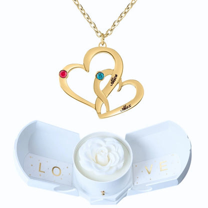 Coffret Harmonie Éternelle & Collier Cœurs Entrelacés avec Pierres de Naissance et Prénoms Gravés