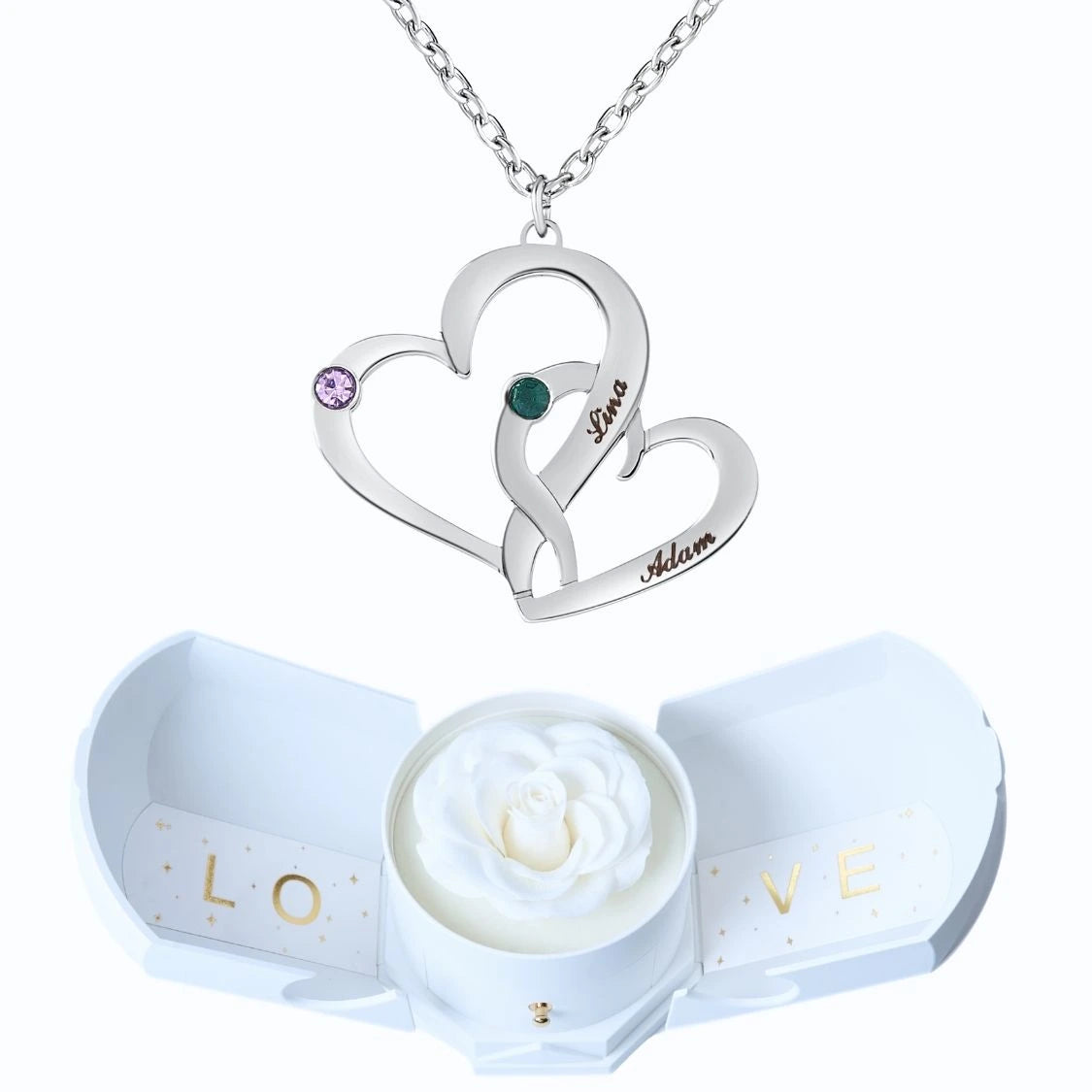 Coffret Harmonie Éternelle & Collier Cœurs Entrelacés avec Pierres de Naissance et Prénoms Gravés