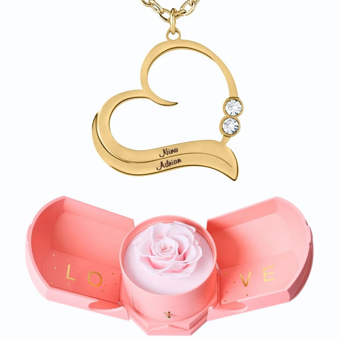 Coffret Harmonie Éternelle & Collier Cœur Ouvert avec Prénoms Gravés et Cristaux Scintillants