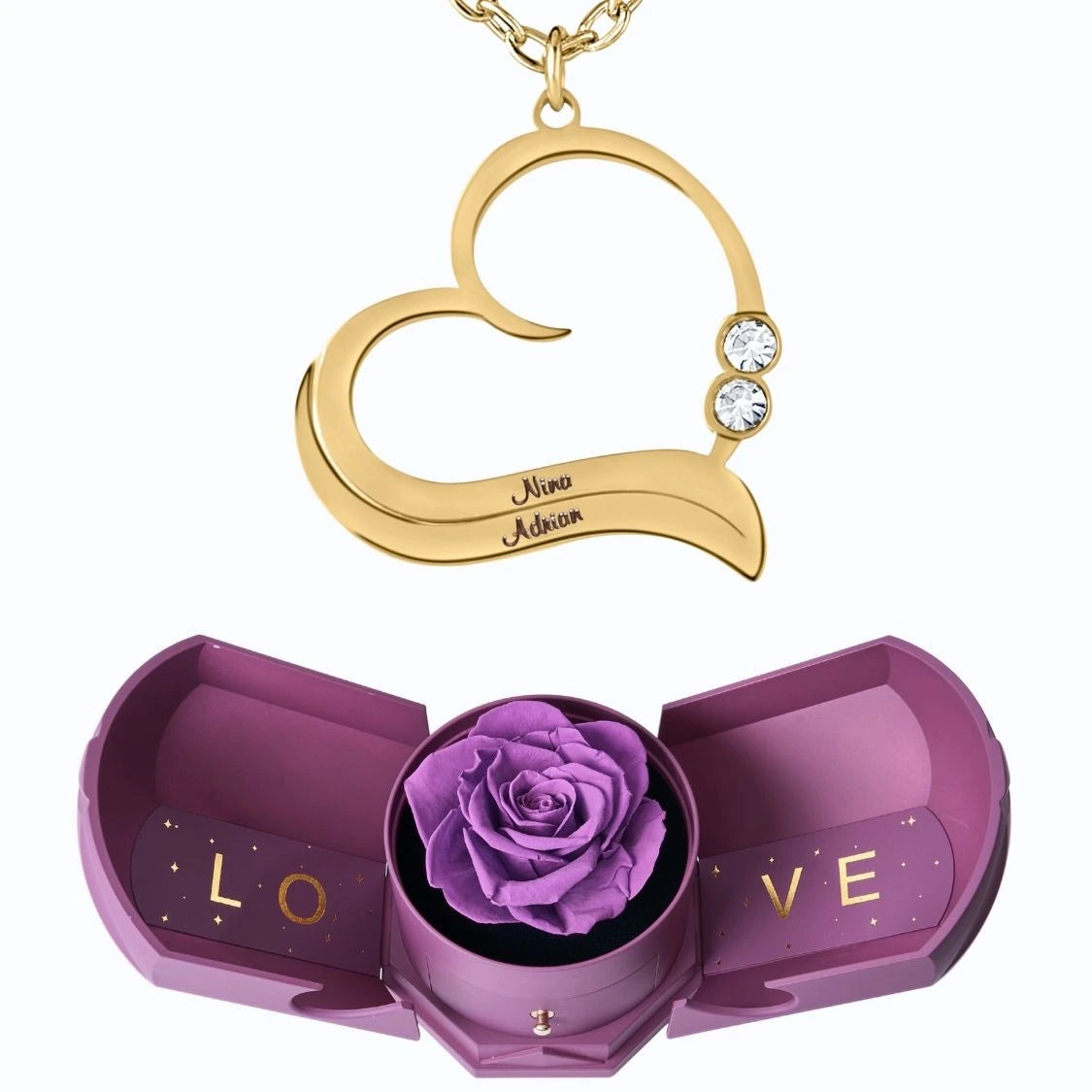 Coffret Harmonie Éternelle & Collier Cœur Ouvert avec Prénoms Gravés et Cristaux Scintillants