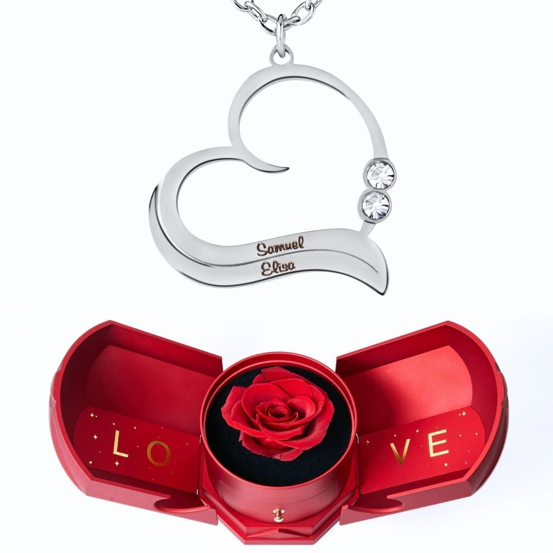 Coffret Harmonie Éternelle & Collier Cœur Ouvert avec Prénoms Gravés et Cristaux Scintillants
