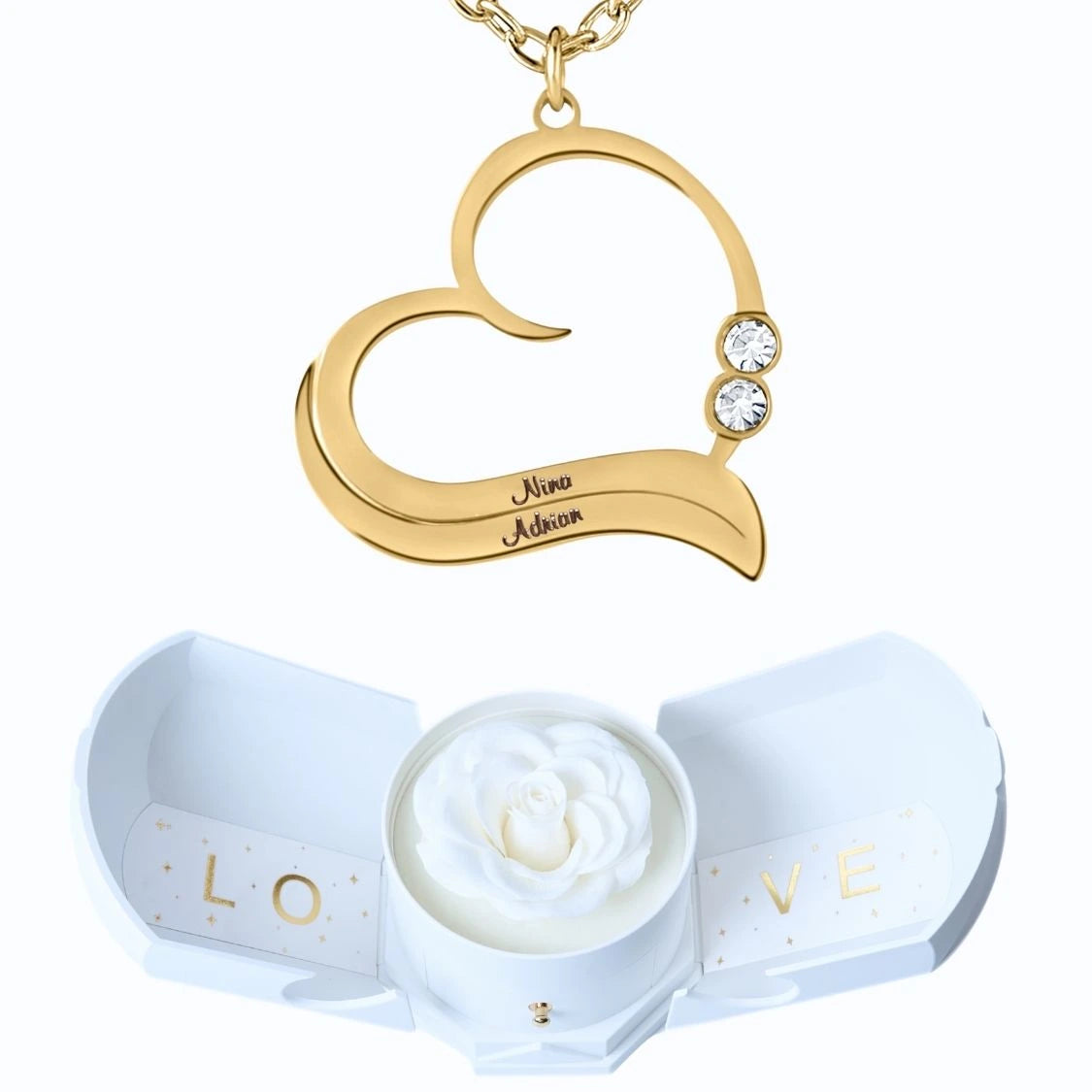 Coffret Harmonie Éternelle & Collier Cœur Ouvert avec Prénoms Gravés et Cristaux Scintillants
