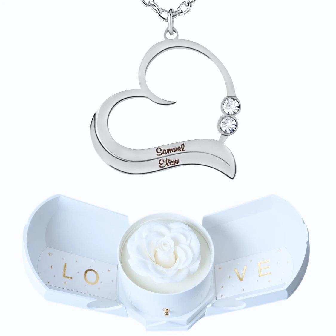 Coffret Harmonie Éternelle & Collier Cœur Ouvert avec Prénoms Gravés et Cristaux Scintillants