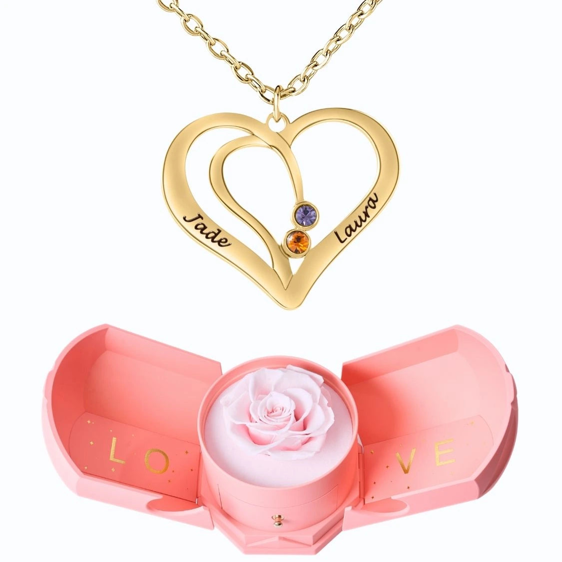 Coffret Harmonie Éternelle & Collier Cœur Entrelacé avec Prénoms Gravés et Pierres de Naissance