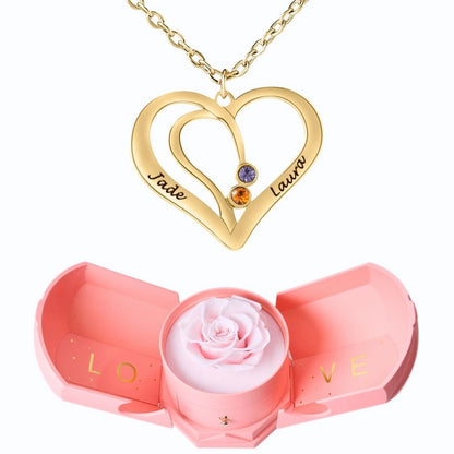 Coffret Harmonie Éternelle & Collier Cœur Entrelacé avec Prénoms Gravés et Pierres de Naissance