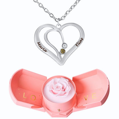 Coffret Harmonie Éternelle & Collier Cœur Entrelacé avec Prénoms Gravés et Pierres de Naissance