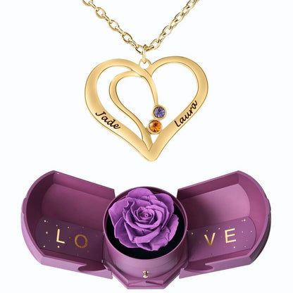 Coffret Harmonie Éternelle & Collier Cœur Entrelacé avec Prénoms Gravés et Pierres de Naissance