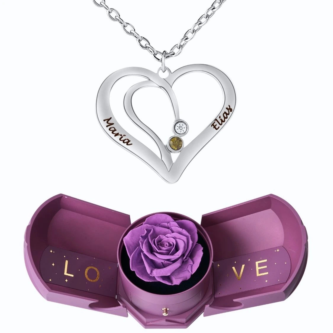 Coffret Harmonie Éternelle & Collier Cœur Entrelacé avec Prénoms Gravés et Pierres de Naissance