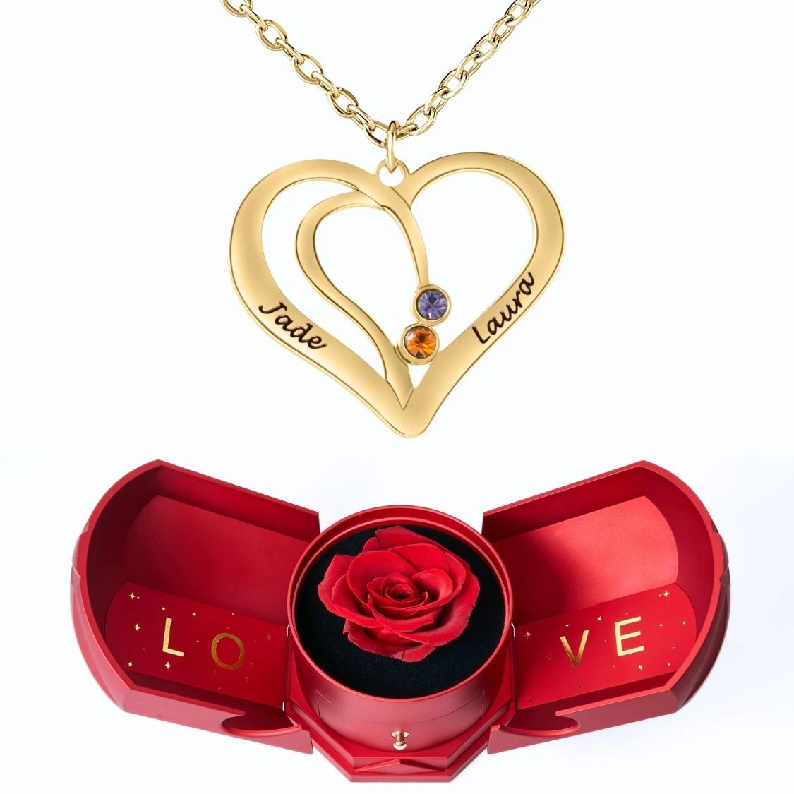 Coffret Harmonie Éternelle & Collier Cœur Entrelacé avec Prénoms Gravés et Pierres de Naissance