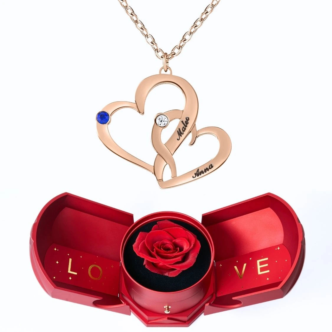 Coffret Harmonie Éternelle & Collier Cœur Entrelacé avec Prénoms Gravés et Pierres de Naissance