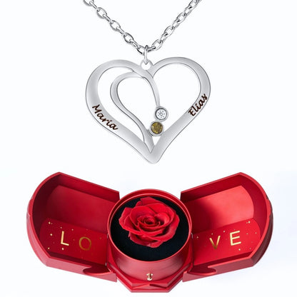 Coffret Harmonie Éternelle & Collier Cœur Entrelacé avec Prénoms Gravés et Pierres de Naissance