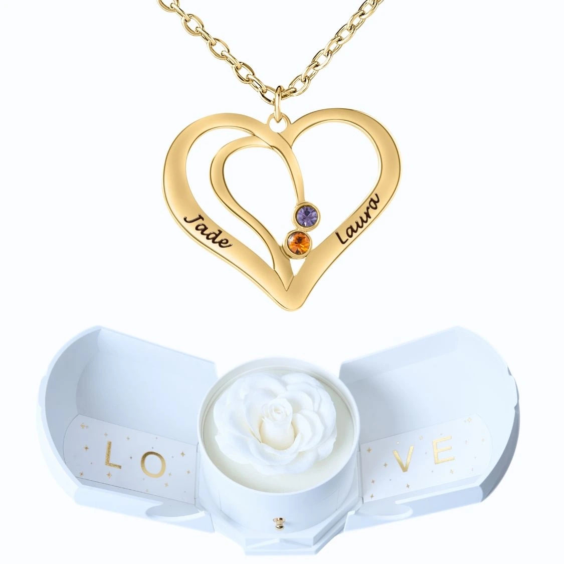 Coffret Harmonie Éternelle & Collier Cœur Entrelacé avec Prénoms Gravés et Pierres de Naissance