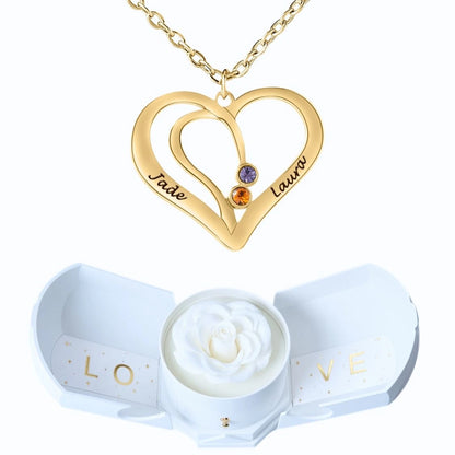 Coffret Harmonie Éternelle & Collier Cœur Entrelacé avec Prénoms Gravés et Pierres de Naissance