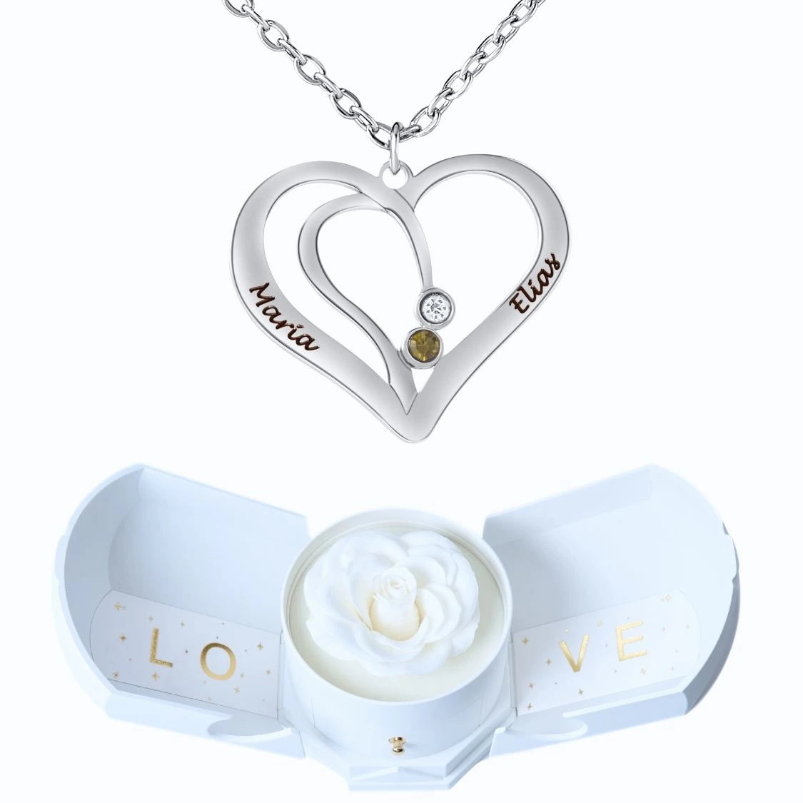 Coffret Harmonie Éternelle & Collier Cœur Entrelacé avec Prénoms Gravés et Pierres de Naissance