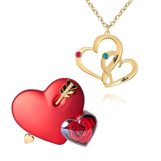 Coffret Amour Éternel & Collier Cœurs Entrelacés avec Pierres de Naissance et Prénoms Gravés