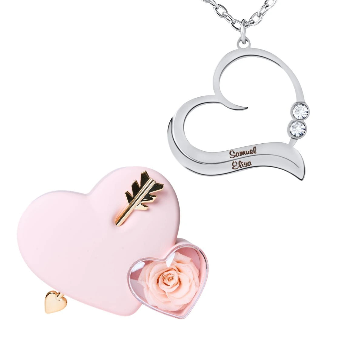 Coffret Amour Éternel & Collier Cœur Ouvert avec Prénoms Gravés et Cristaux Scintillants