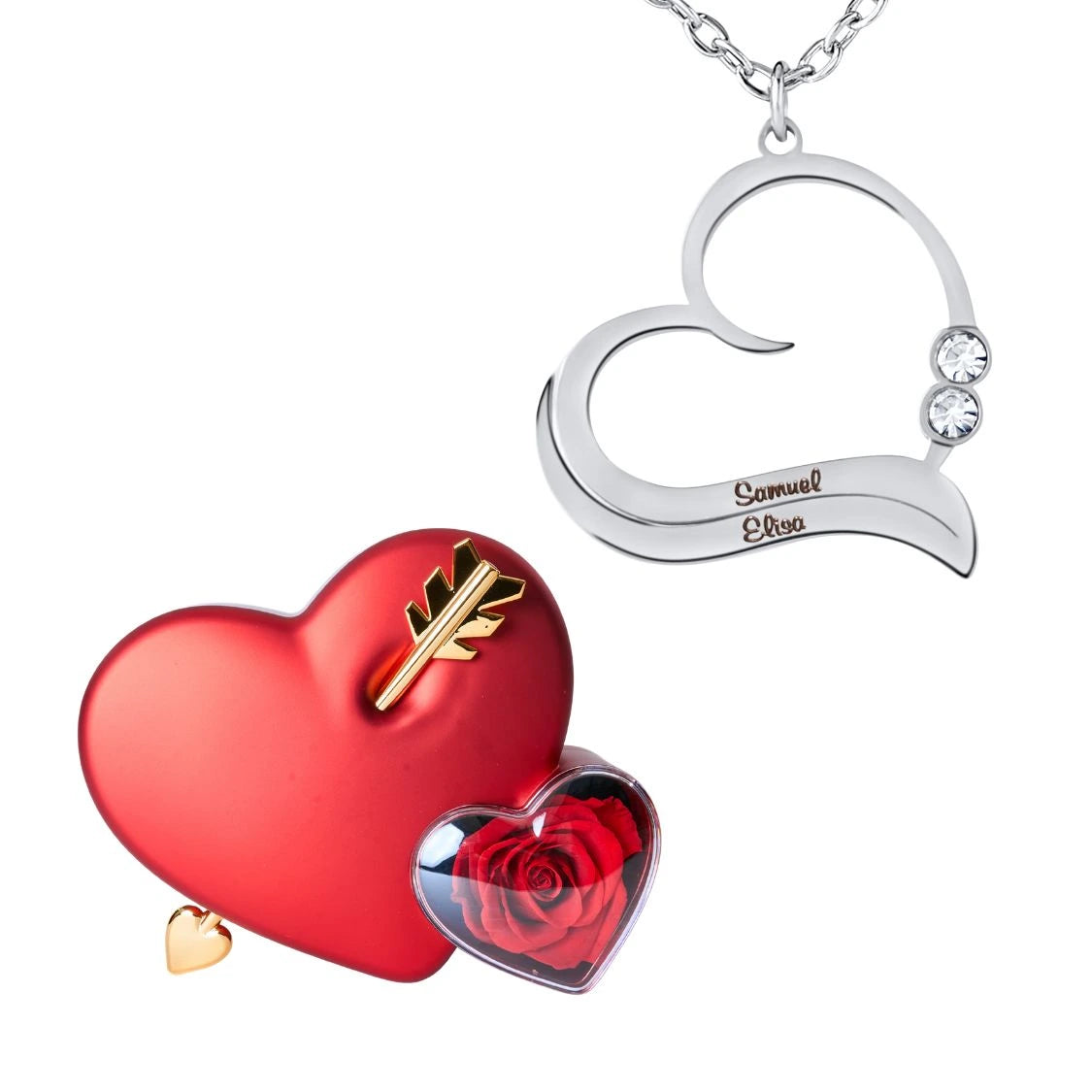Coffret Amour Éternel & Collier Cœur Ouvert avec Prénoms Gravés et Cristaux Scintillants