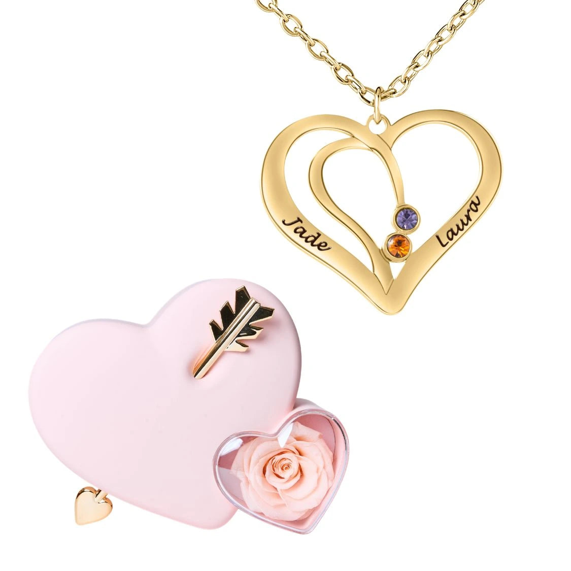 Coffret Amour Éternel & Collier Cœur Entrelacé avec Prénoms Gravés et Pierres de Naissance